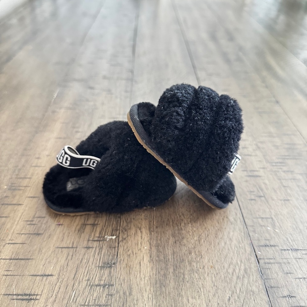UGG Baby Black Fuzzy Slippers